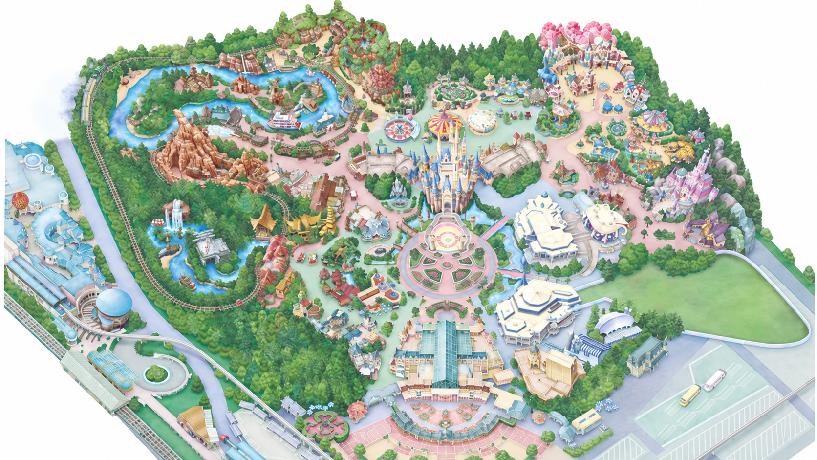 エリア名の帯を除去した東京ディズニーランドの鳥瞰図。入口は下、シンデレラ城は中央、美女と野獣は右、スモールワールドは右上。